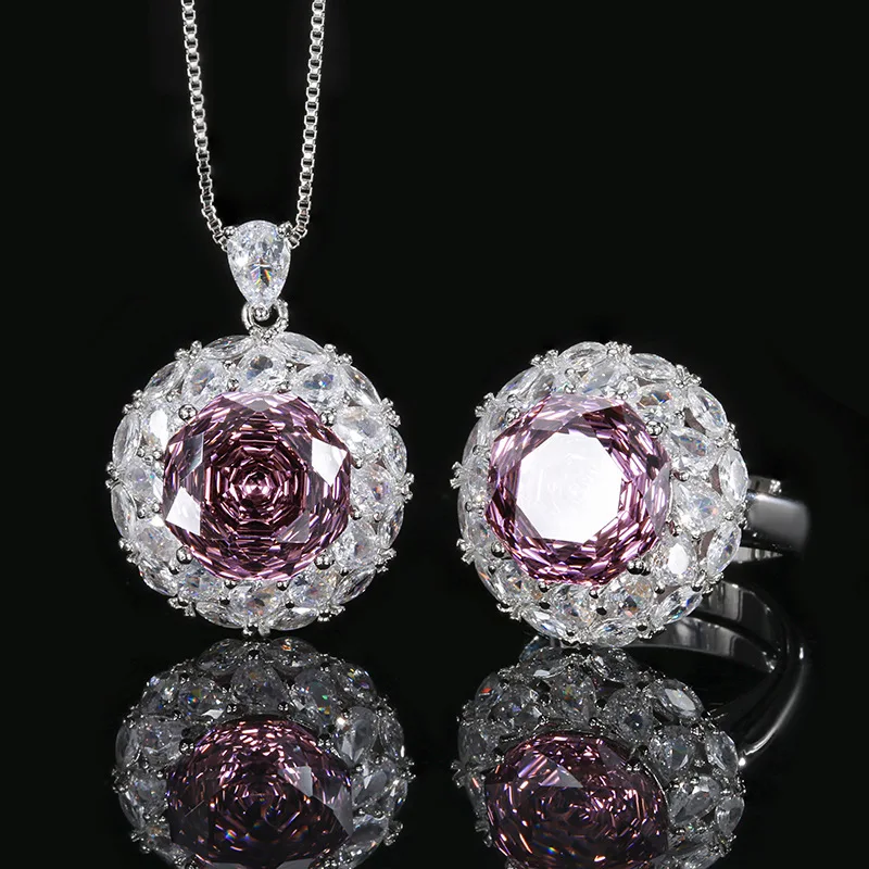 

12mm Round Cut Pink Purple CZ Halo Statement Women Jewelry Adjustable Ring Sparkling Vintage Necklace Wedding Anniversary Gift