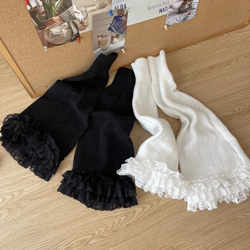 Women Lolita Kawaii Lace Ruffle Leg Warmers Boot Cuffs Knit Socks Harajuku Japanese JK Y2k Sweet Long Flared Warmer Sock