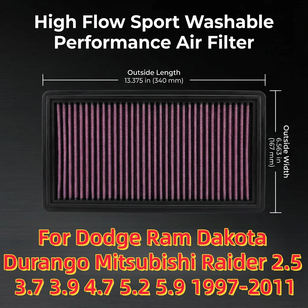

Для Dodge Ram Dakota Durango Mitsubishi Raider 2.5 3.7 3.9 4.7 5.2 5.9 1997-2011: Высокопроизводительный спортивный моющийся воздушный фильтр с увеличенным потоком