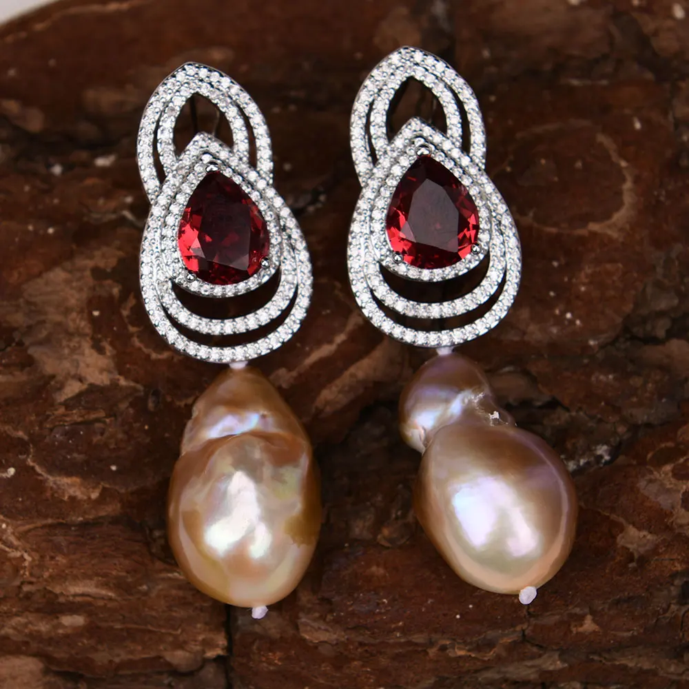 

Cultured Purple Keshi Baroque Pearl Red Crystal Cz Dangle Earrings Women Jewelry Gifts