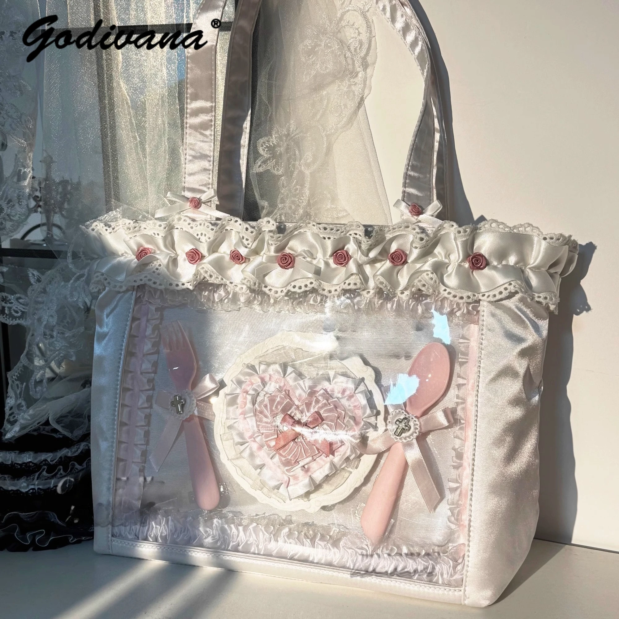 

Original Dark Gothic Lace Rose Ita Bag Women's Lolita Flower Lace Large Capacity Shoulder Bag Sweet Tote Bags
