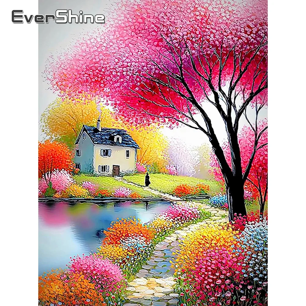 Evershine Diamant-Mosaik Haus-Landschaft Vollquadratische Stickerei Baum-Bild mit Strass-Steinen DIY Neues Wanddekor