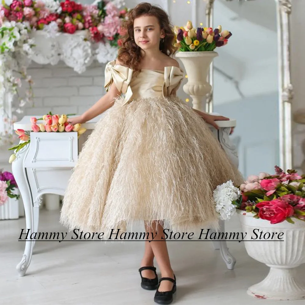 

Champagne Flower Girl Dress Boat Neck Off The Shoulder Big Bow Tea Length Ball First Communion Dresses Birthday Party Gowns