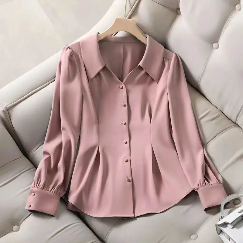 Temperament Mode Sping Neue Chiffon Shirts Frauen Solide Polo-Neck Einreiher Raffen Französisch Stil Puff Sleeve Lose Tops