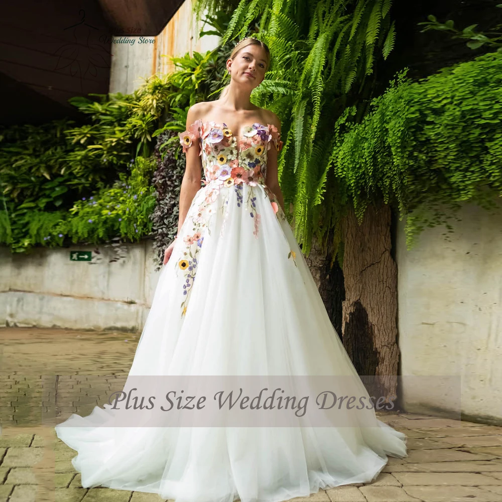 Vestidos De novia clásicos De flores De talla grande, vestidos De novia con cuello en forma De corazón, largo hasta el suelo, corte en A, tul,