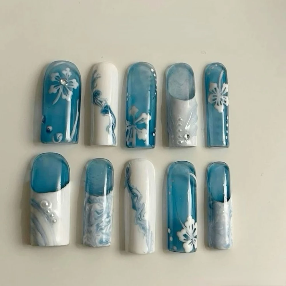 10PCS Handmade Manicure Armor Press On Nails French Fake Nails Short Medium Almond False Nail 3D Art with Adhesive Nail File Set