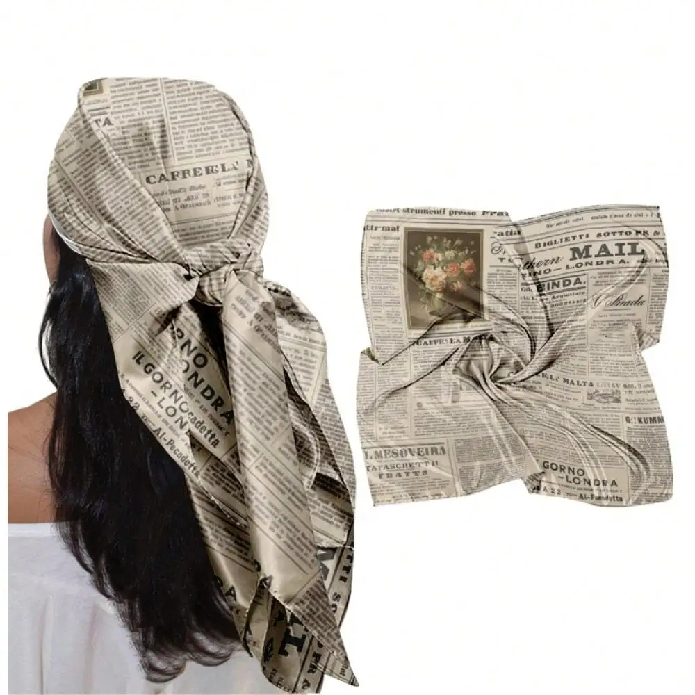 

1 шт. квадратный платок с ретро-принтом газеты, женский повседневный модный головной платок, квадратные шарфы для пляжного отдыха, шарф-шаль на шею