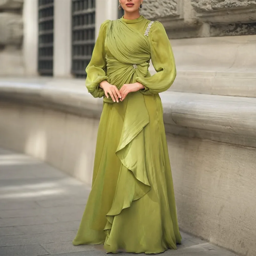 

Customized A-Line Prom Dresses Floor-length High-Neck Full Sleeve Evening Gown Fashion Crystal Simple Draped Casual Party Gown