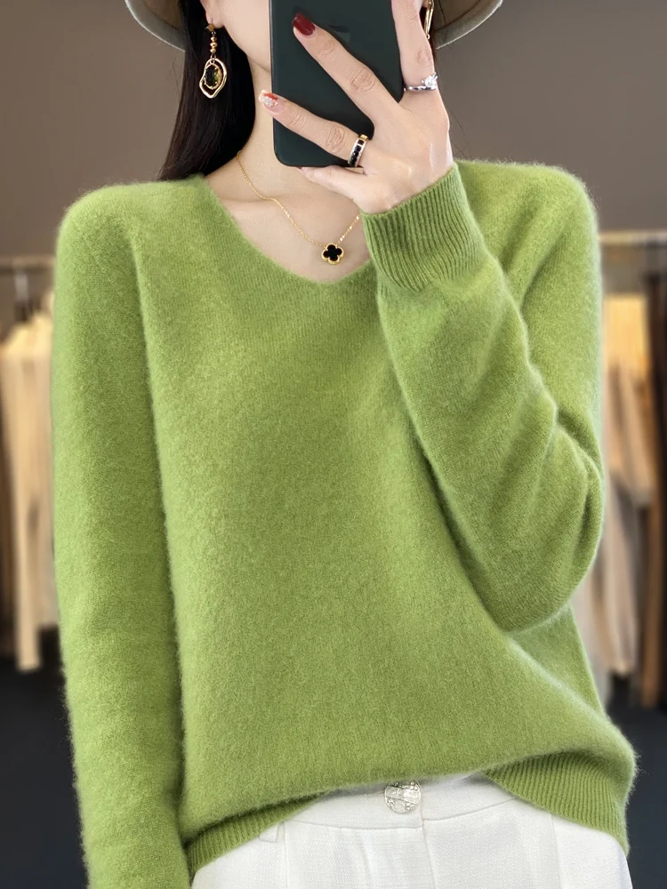 100% lana Merino Pullover maglione donna scollo a v Basic manica lunga autunno inverno Cashmere maglia Bottoming Shirt moda coreana