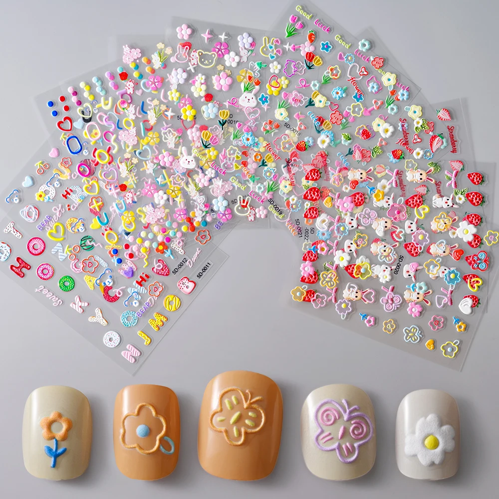 1Pcs 5D Embossed Flowers Nail Decals Cute Flowers Butterfly Daisy Design Nail Stickers Macaron Color Self-Adhesive Nail Art Deco