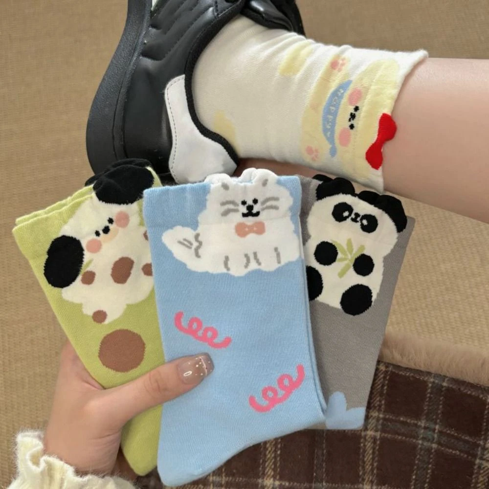 

5Pairs Mid Tube Socks, Mid-Calf Socks Women Short Socks Lady Cute Cartoon Animals Bear Rabbit Flower Kawaii Korean Hosiery