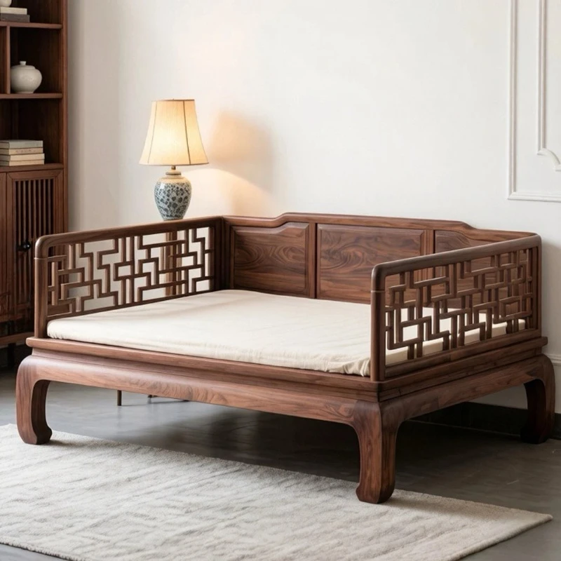 

New Chinese black walnut solid wood chaise longue bed living room bed and breakfast double sofa