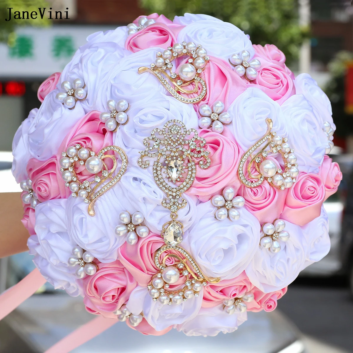 JaneVini New Pink and White Bouquet Flowers Bling Golden Rhinestones Artificial Satin Roses Bridal Bouquets Wedding Accessories