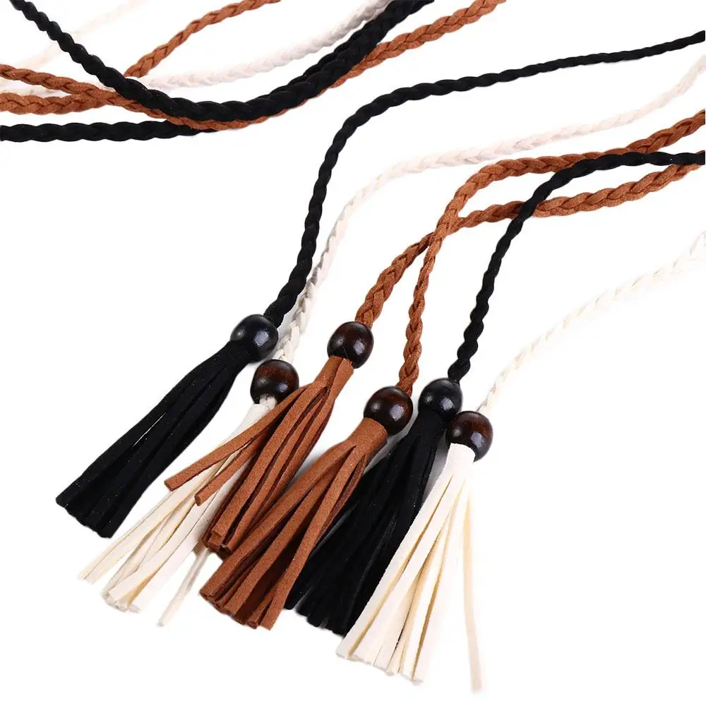 Vintage Personality DIY Thin Belts Wooden Bead Bohemian Women Waist Chain Waist Rope Ethnic Style Belts Braided Tassel Belt