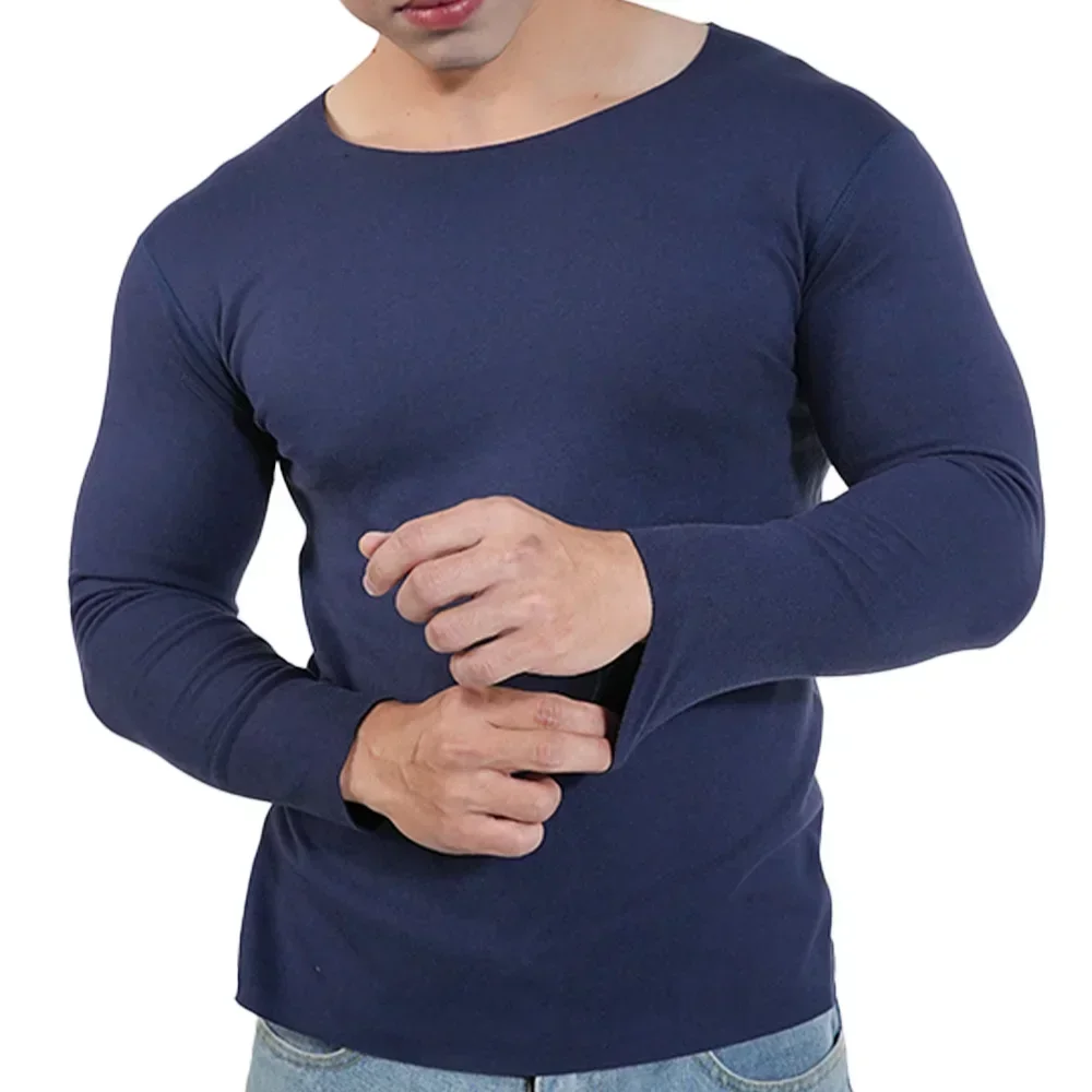 1PC Spurlose Thermo-unterwäsche Herren Winter Fleece O Hals Langarm Basis Schicht Tops Plus Größe Dünne Slim Fit Heizung T hemd