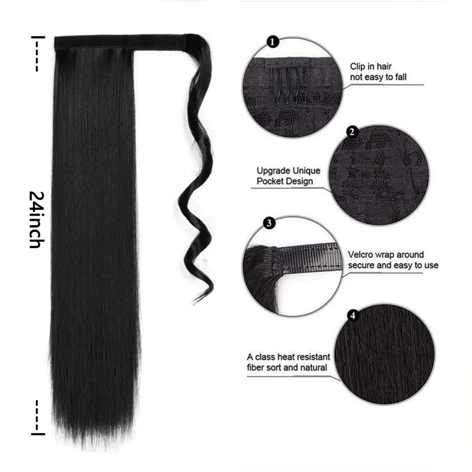 Extensión de cola de caballo larga lisa sintética de 24 pulgadas, pieza de cabello que envuelve la cola, extensiones y postizos 2