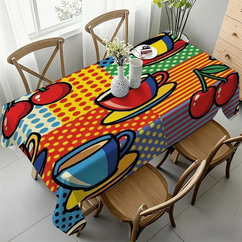 1 piece of colorful coffee cup cherry polka dot striped tablecloth with modern pattern and bright print for the dining tablexzj