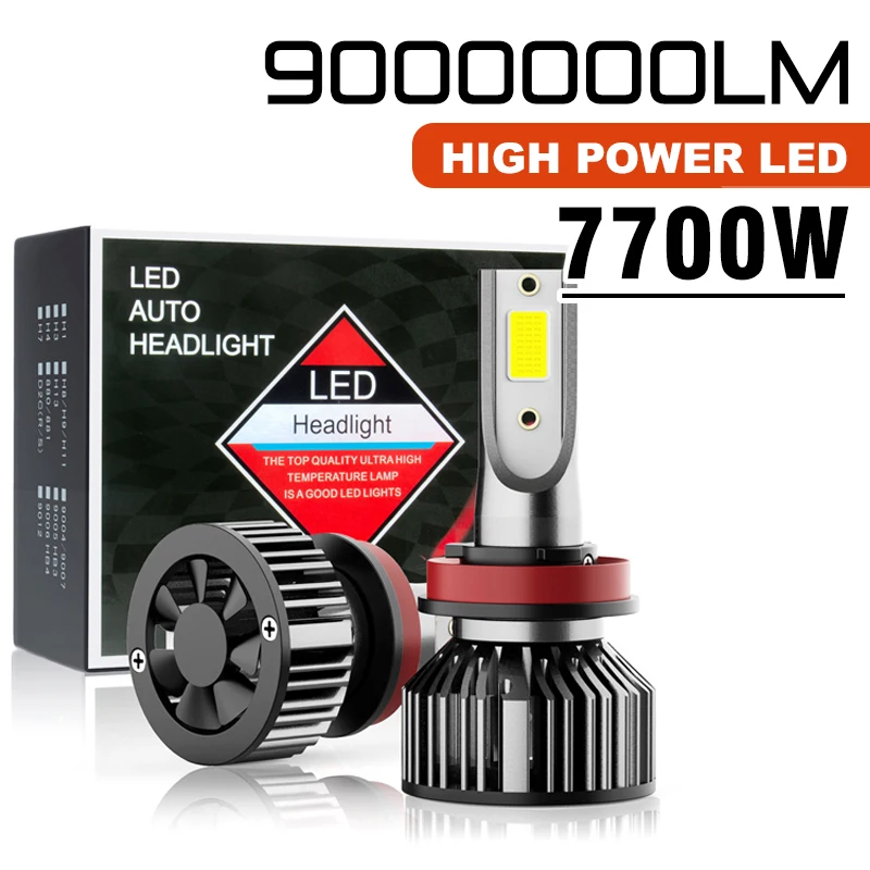 

9000000LM 7700W H1 H7 H11 9005 9006 H4 9004 9007 H13 LED Headlight Bright 6000K White for Cars Plug & Play Silent Fan, Pack Of 2