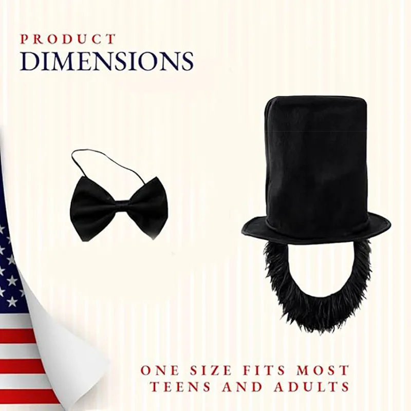 Halloween Gentleman Costume Set, Top Hat Bow Tie Beard Kit, Abraham Lincoln Cosplay Accessories for Party Dress Up
