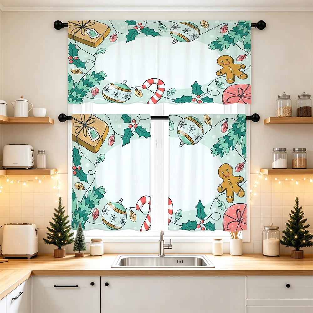 Christmas Kitchen Curtains, Gingerbread Candy Cane Mint, Digital Print, Kitchen Dining Room, Rod Pocket Polyester, Home Decor