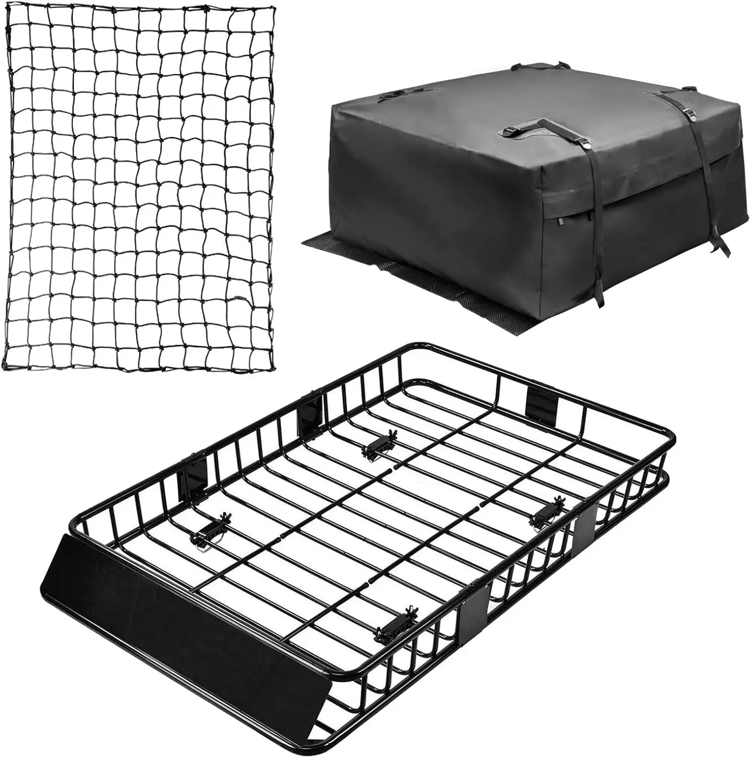 Roof Rack Cargo Basket Set, Cargo Carrier Bag 15 Cubic Feet Capacity with Car Top Luggage Holder Adjustable L