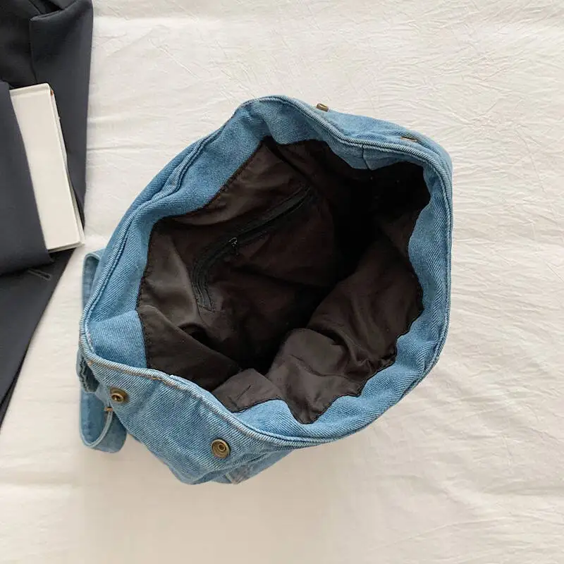 جديد ريترو الدنيم حقيبة الظهر غطاء الوجه جان جيب الأجهزة النحاسية الجلود التسمية عادية اليومية المدرسة الحد الأدنى حقيبة الظهر الموضة