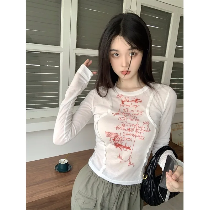 Spring New Women's Slim Fit Short T-Shirt Overhead Design Sense Fun Print Commute Korean Sle Long Sleeve round Neck Top