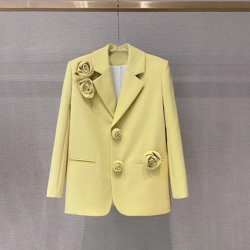 Elegante dolce 3D fiori giallo giacca da donna 2022 autunno inverno nuovi vestiti allentati ufficio giacca sportiva da donna cappotto capispalla Top