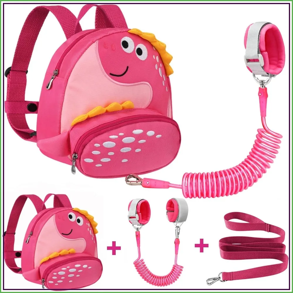 Mochila Infantil con Diseño de Dinosaurio, Correa de Seguridad y Correa para la Muñeca, Arnés Antipérdida para Niños de 1 a 3 Años, Color Rosa