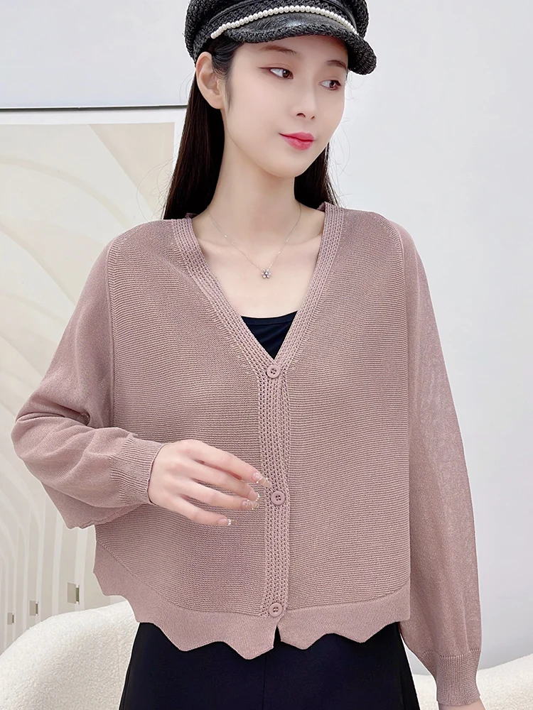 

High Quality Ice Silk Knitwear Cardigan, Women's Sunscreen Jacket, Summer New Thin Long Sleeved Outerwear, Short Top