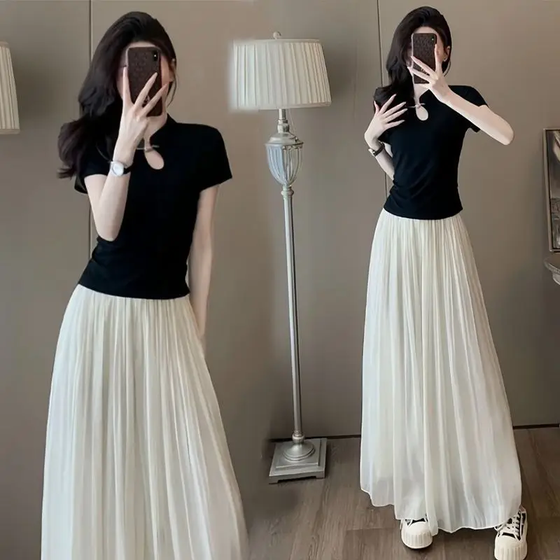 

Новый китайский легкий летний комплект: женские брюки с высокой талией и широкими штанинами, топ с открытыми плечами и юбка (двойка)