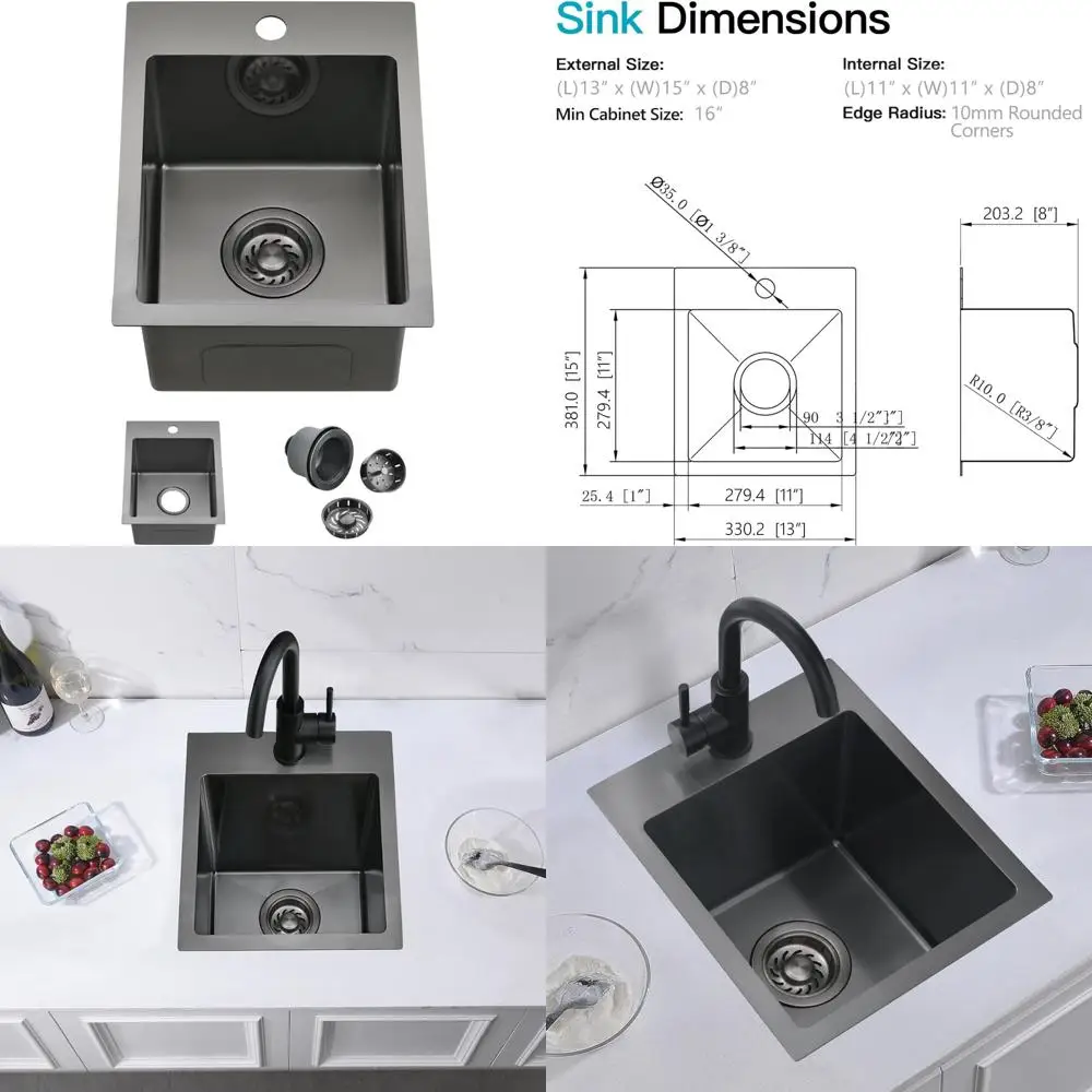 

Topmount Black Stainless Steel Kitchen Sink, 13 x 15 x 8, Small Bar Prep Sink for RV and Home Use