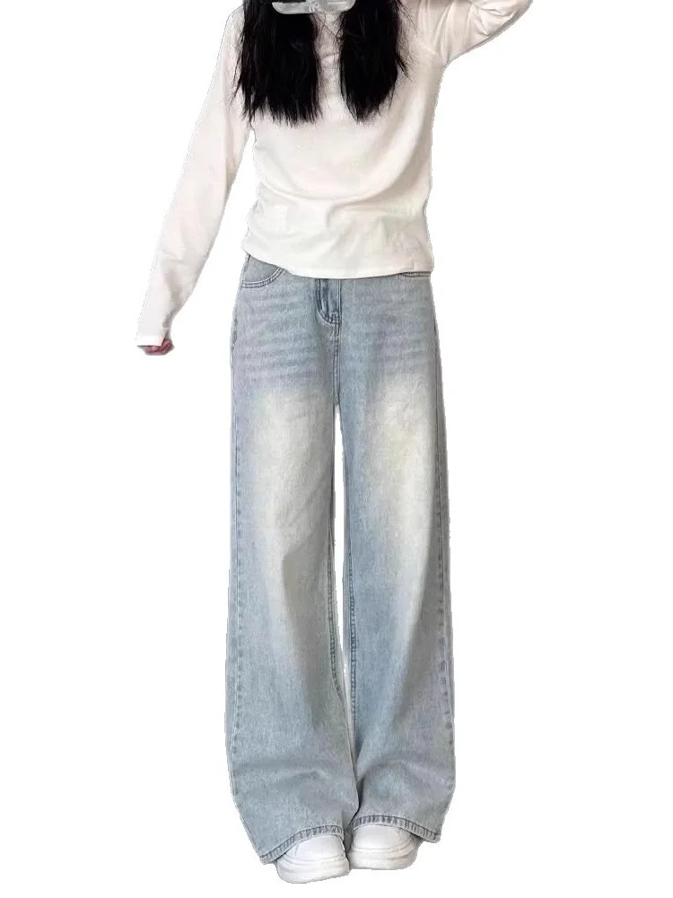 حجم كبير ارتفاع الخصر مستقيم الساق الدينيم الجينز المرأة ربيع الخريف فضفاض واسعة الساق الطابق طول السراويل للجسم الكمثرى aped #5
