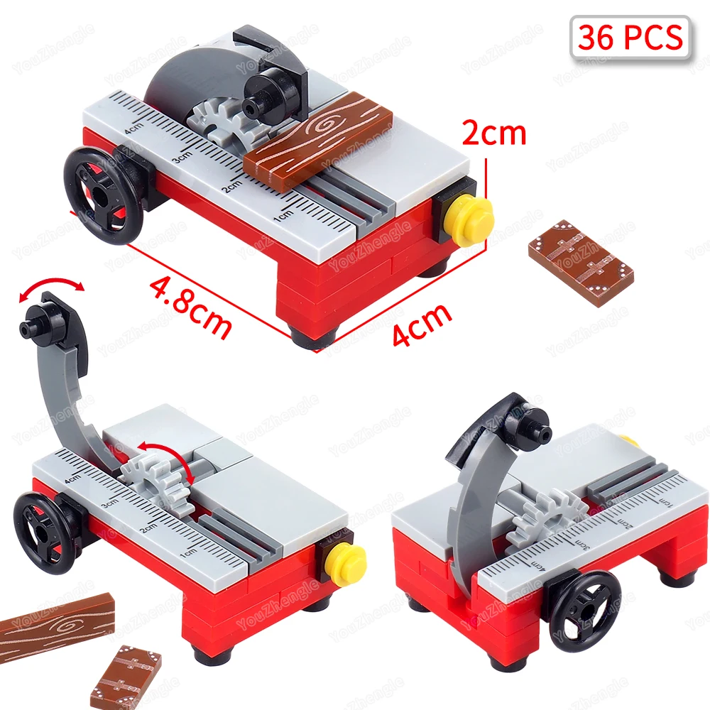 

Mini Gear Sawing Machine Building Block Model MOC Figures Equipment Woodworking Dimensions Cutting Workbench Equipment Scene Toy