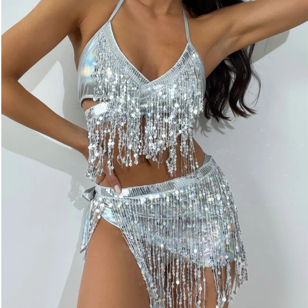 Women 3 Piece Sets Club Night Party Sexy Backless Crop Tops Bodycon Mini Skirt Holographic Sequins Tassel Festival Rave Outfits