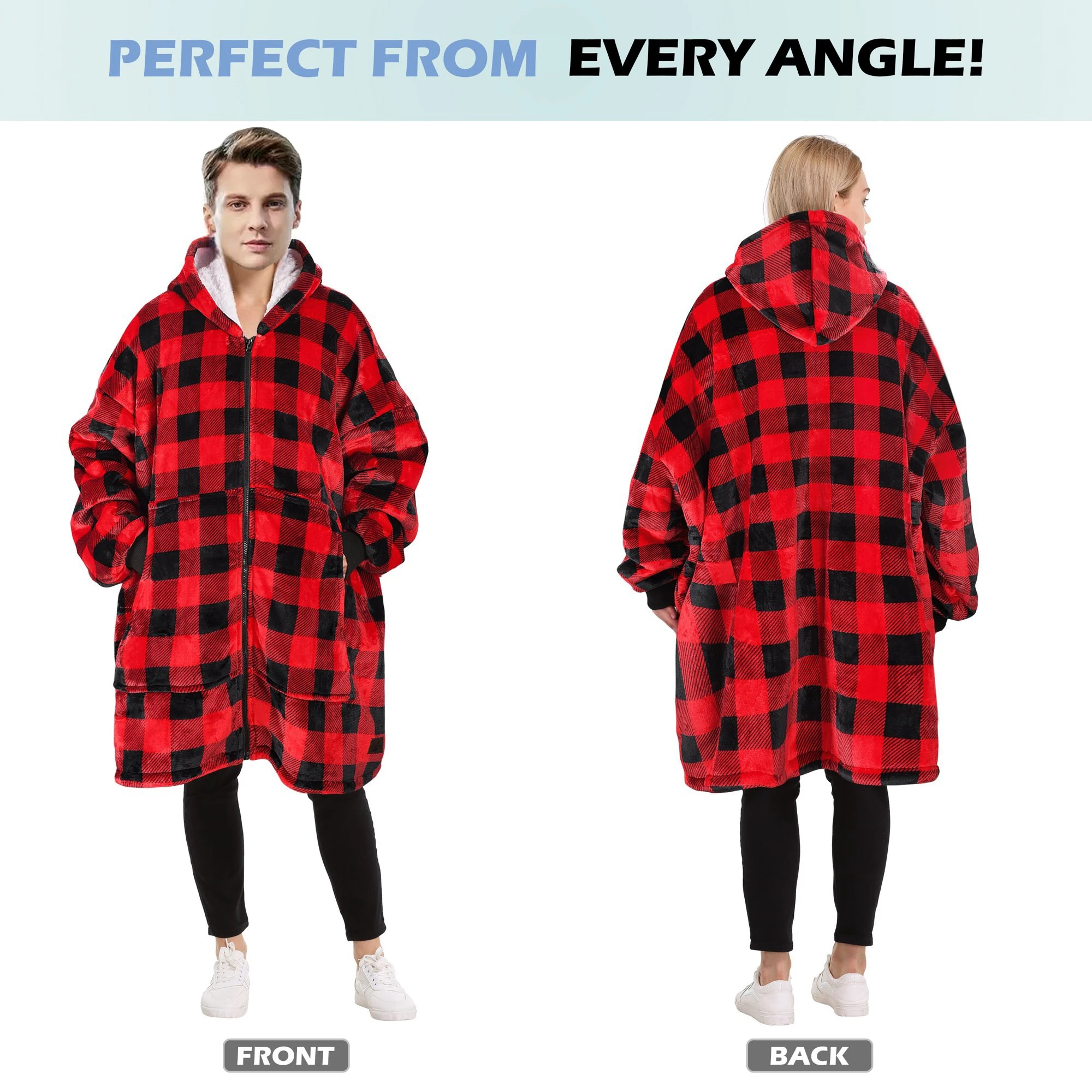1pc Super Soft Wearable Blanket With Zipper plaid printed hoodie blanket dropship