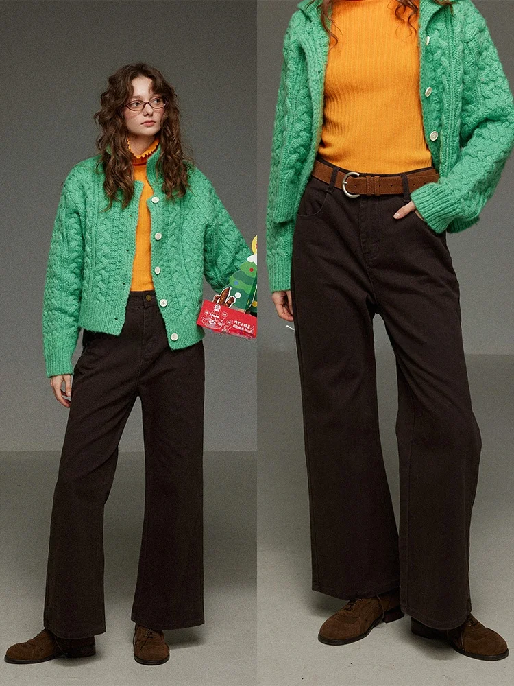 

Ретро кофейного цвета, свободные повседневные джинсовые брюки из чистого хлопка, женские широкие длинные брюки с высокой талией 2025 года, бренд TNIT