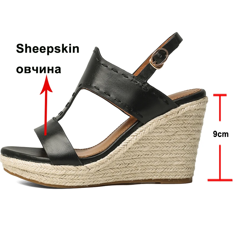 Meotina Women Shoes Genuine Leather T-Strap Sandals Platform Wedges Heel Buckle Super High Heels Ladies Footwear Summer Black 39