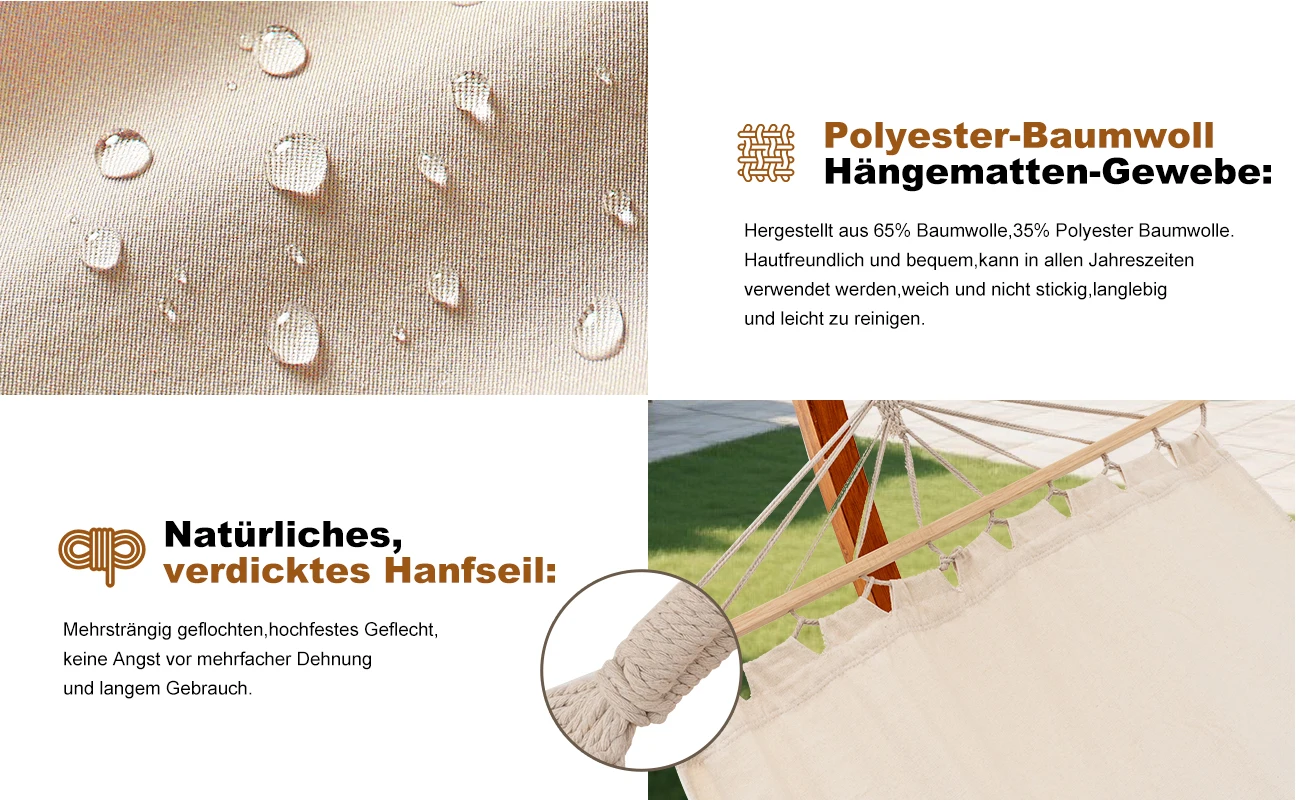 HOMAVO Hängematte mit Holzgestell, doppelte Tuchausstattung austauschbar, Liegefläche 200×150 cm, Doppel-Hängematte Set, bis 15 – Detail 4