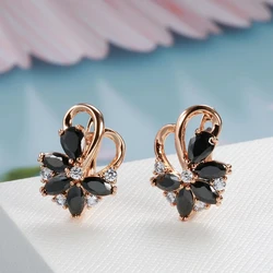 Wbmqda Fashion Black Drop Earrings For Women 585 Rose Gold Color With White Natural Zircon Fine Crystal Flower Jewelry Gifts