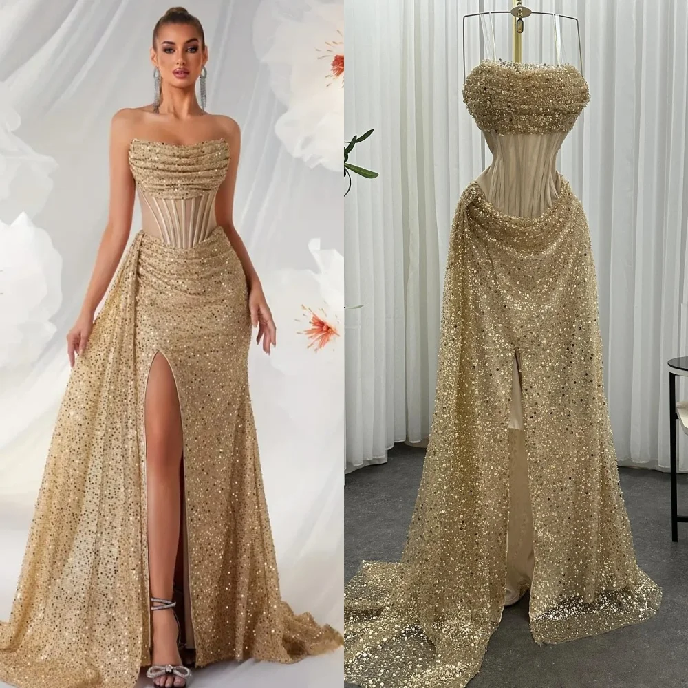 

Customized Sparkle Matching Tulle Beading Sequined A-line Strapless Long Dresses Bespoke Occasion Dresses Exquisite High Quality