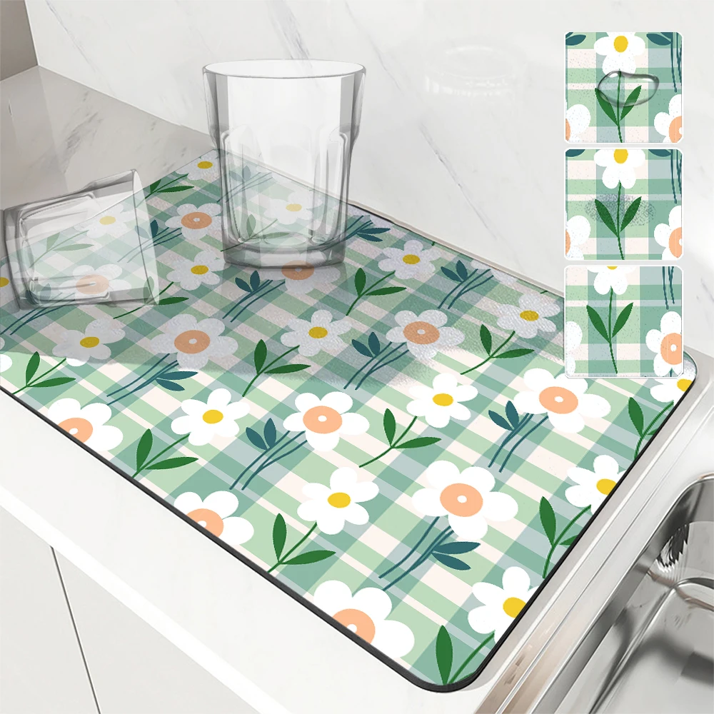 1pc Drying Mat Checkerboard Color Block Daisy Non-Slip Absorbent Mat Tableware Kitchen Counter Drain Mats Placemats for Table