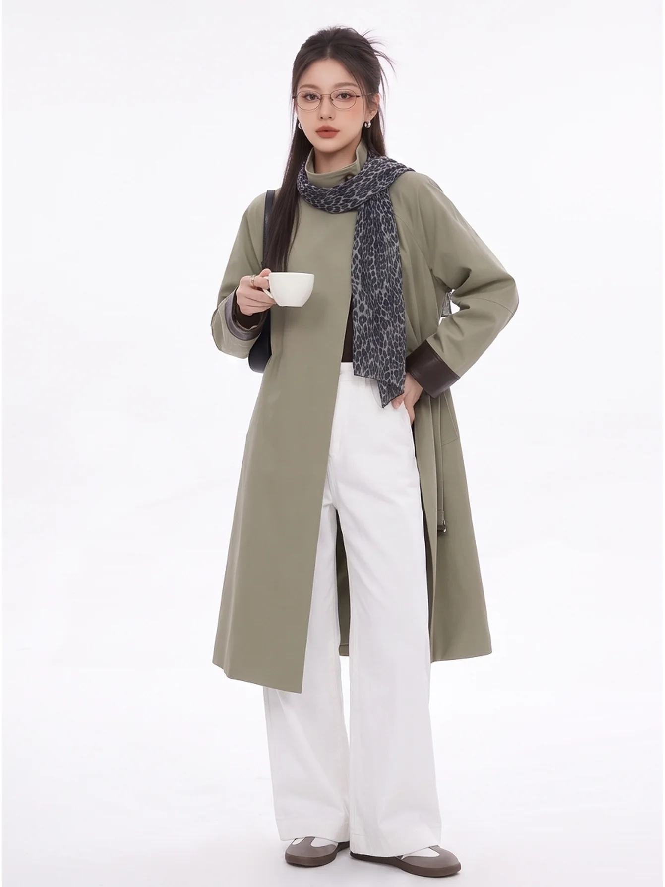 Fall Commute Casual Style Long Sleeve Coat with Stand Collar Belted Loose Fit Women's Fashion Color Block Cuff Windbreaker