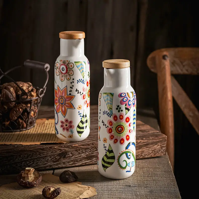 Nordic Style Flower Printed Soy Sauce Bottle Oil Bottle Household Oil Tank Seasoning Bottle Creative Leak Proof Vinegar PotZD710