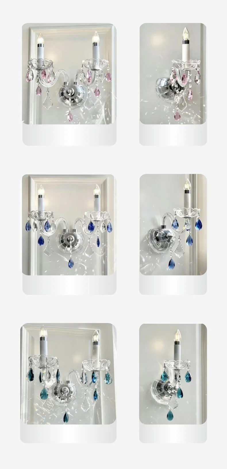 European Blue Pink Green Crystal Wall Lamp French Romantic