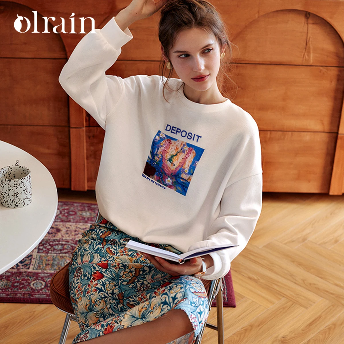 OLrain Vintage Abstract Oil Painting Print Pullover Sweatshirt 2026 Spring Fall Fashion Beaded Knitted Tops Woman O21QR53331