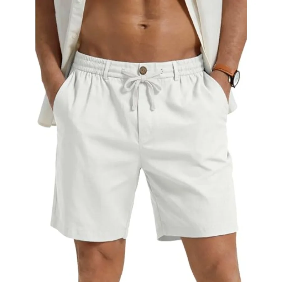 

PLEPAN Mens Casual Linen Shorts - 7 inch Elastic Waist Drawstring Summer Beach Vacation Short