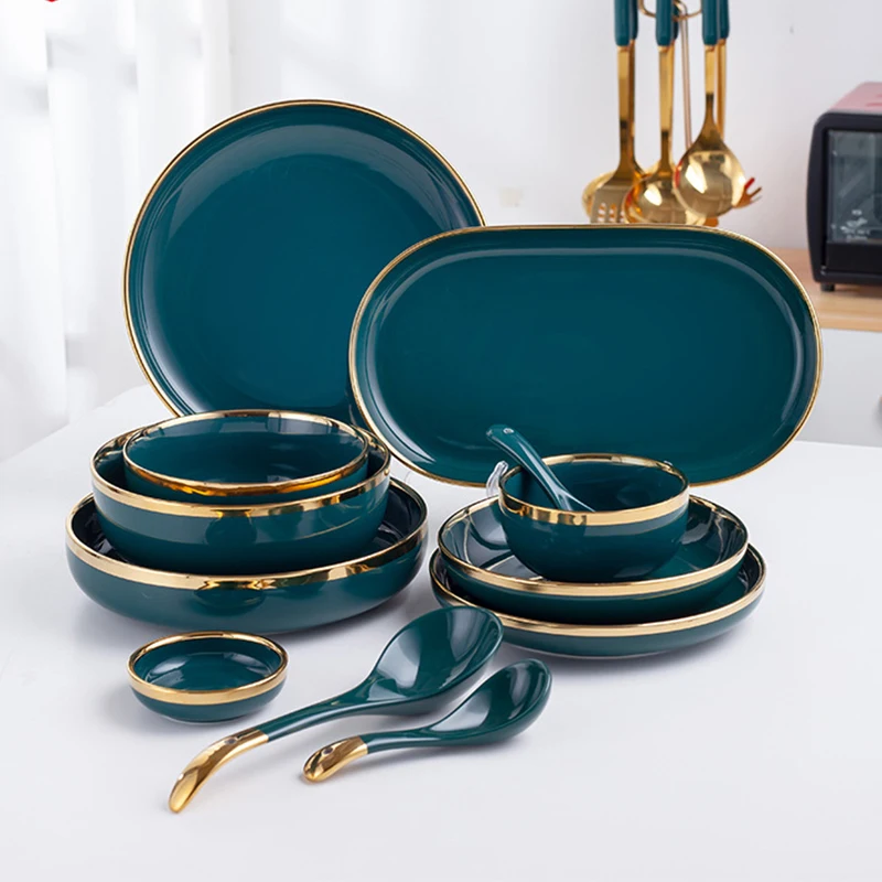 Ceramic Dinner Plates Dinnerware Set Dishes Luxury Green Food Plate Set Salad Soup Bowl Plate and Bowls Set for Restaurant Hotel