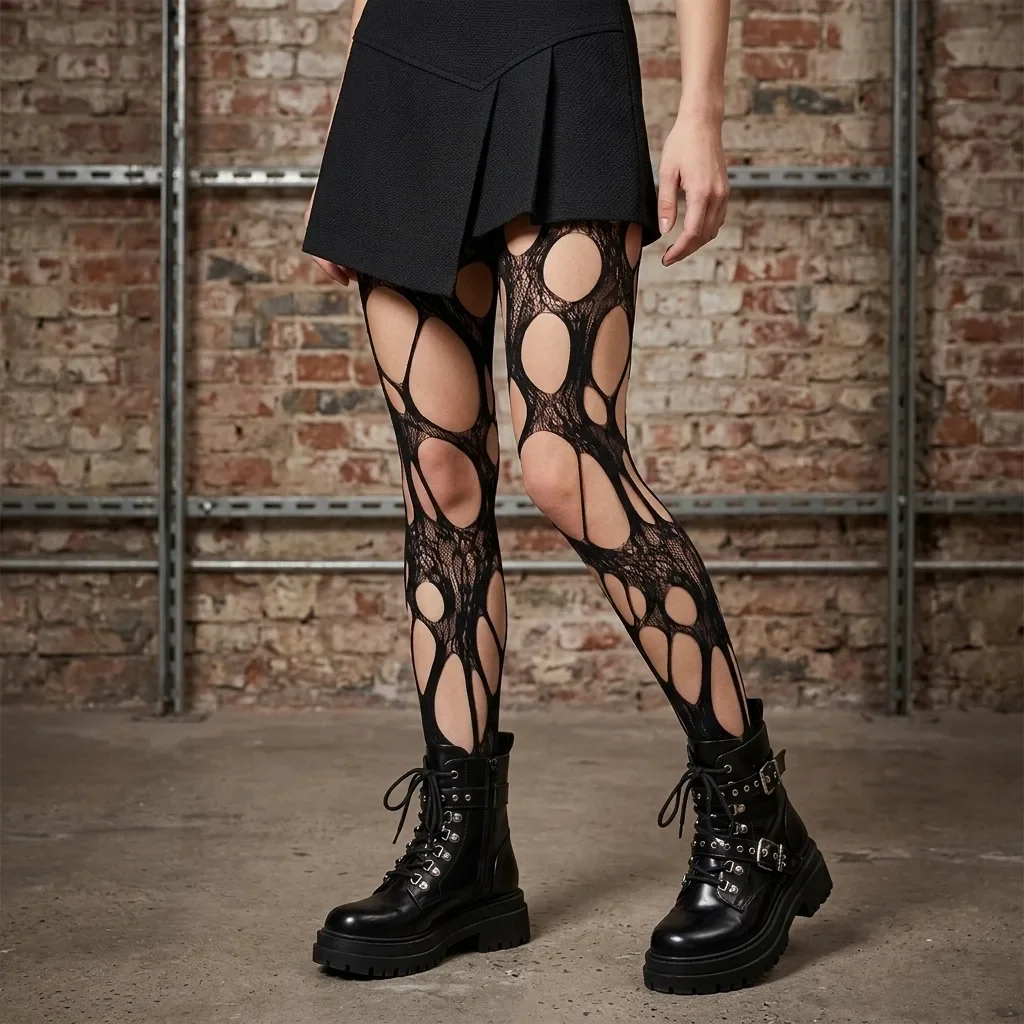 Gothic Big Hole Ripped Fishnet Tights Black Irregular Cutout Mesh Pantyhose Punk Grunge Distressed Hollow Stockings Matching Platform Shoes