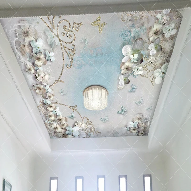 

Custom Mural Wallpaper for Ceiling & Wall Decor - European Style 3D Floral Pattern Background Textured Embossed Wall Coverings